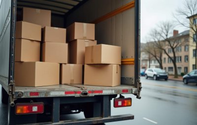 Carga de camión de reparto con cajas de cartón para una entrega eficiente y rápida Carga de camión de reparto con cajas de cartón para una entrega eficiente y rápida