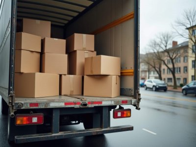 Carga de camión de reparto con cajas de cartón para una entrega eficiente y rápida Carga de camión de reparto con cajas de cartón para una entrega eficiente y rápida