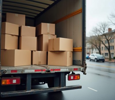 Carga de camión de reparto con cajas de cartón para una entrega eficiente y rápida Carga de camión de reparto con cajas de cartón para una entrega eficiente y rápida