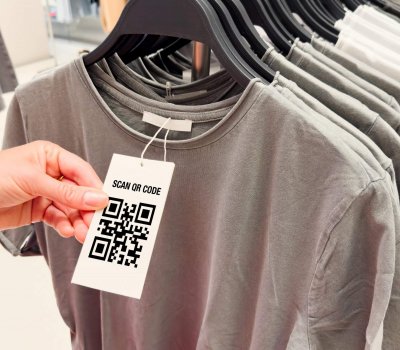 QR code on clothing label in apparel store QR code on clothing label in apparel store