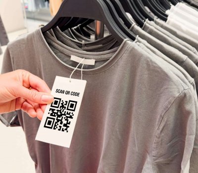 QR code on clothing label in apparel store QR code on clothing label in apparel store