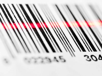 Barcode scanned by laser reader closeup